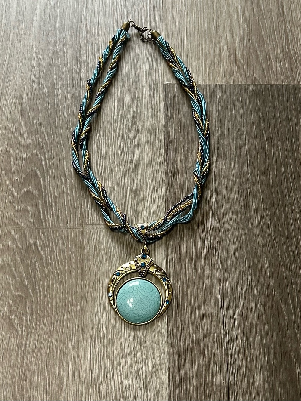 Turquoise Pendant Statement Necklace with Braided Multi-Strand Cord